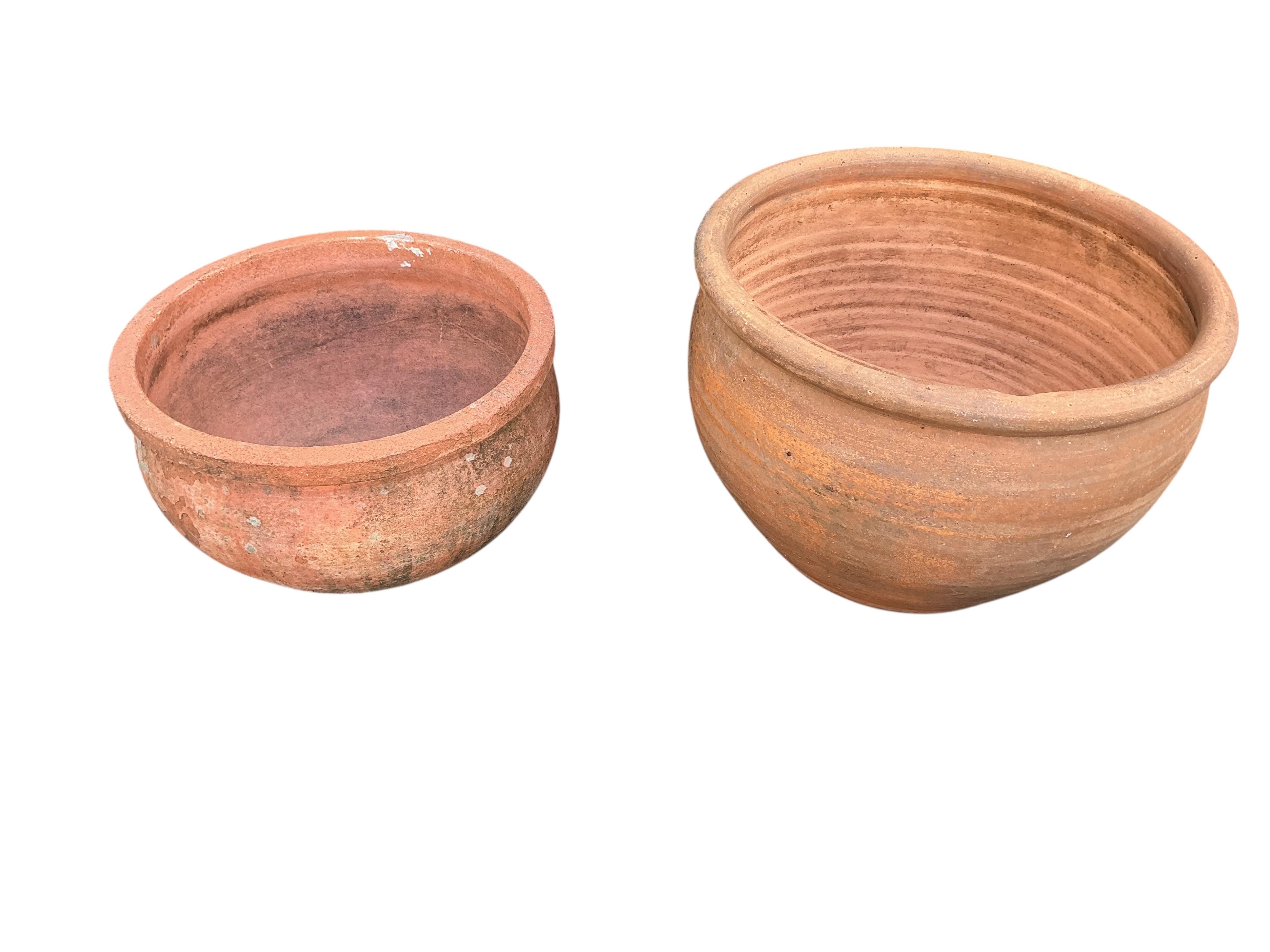 Three terracotta pots and a blue glazed pot, largest diameter 50cm, height 21cm